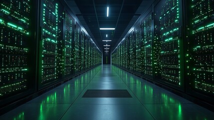 3D Render of a High-Tech Data Center Aisle with Green Overlays, Minimalist and Futuristic Design