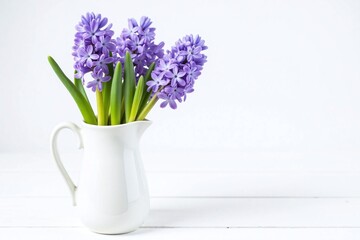 white vase filled with purple and blue flowers on a table