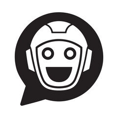AI Chatbot Icon Vector. Artificial Intelligence Robot with Speech Bubble. Customer Support Bot Symbol for Messaging, Automation, and Virtual Assistance. Black Silhouette Tech Design