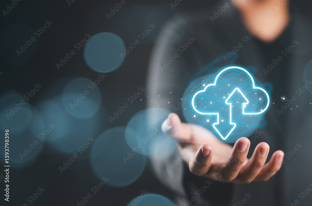 Poster Businessman holding virtual cloud computing to transfer data information and upload download application. Technology digital transformation concept.