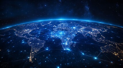 Obraz premium Global Communication Depicted with World Map from Space at Night, Highlighting 5G Connection Zones