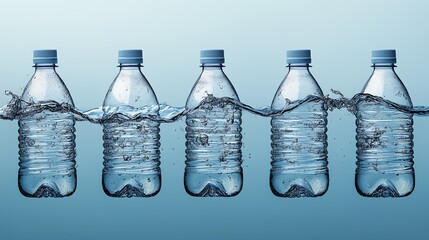 Plastic bottles and cups sinking in water with minimalist blue background