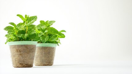 Naklejka premium Soilless mint growing in reusable net pots, with trickle irrigation tubing and white background for copy space