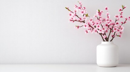 Naklejka premium A white ceramic vase with delicate pink cherry blossoms on a minimalist shelf, soft pastel background, elegant floral arrangement, and serene home decor concept.