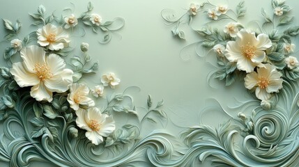 Beautiful stylized blossoms with flowing vines over a soft green background