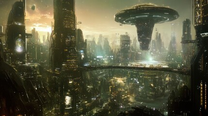 A futuristic city with a large floating structure above it