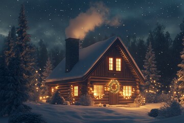 Christmas: A cozy wooden cabin in the snow at Christmas time