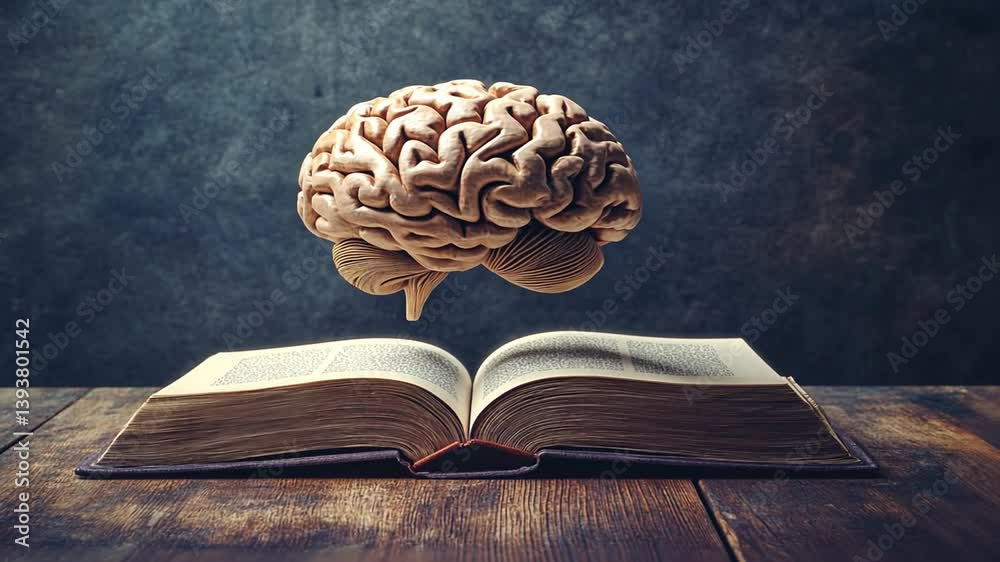 Poster human brain hovering over open book on wooden table