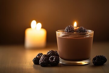 A chocolate dessert decorated with blackberries and a burning candle