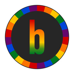 LGBTQ Rainbow Gradient Lowercase Letter “b” Icon - Bold Letter b with Vibrant Rainbow Gradient on Black Background, Pride and Inclusivity, enclosed in a black frame.