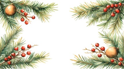 Watercolor Christmas Border Frame with Berries and Ornaments