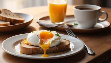 Poached Egg on Toast Breakfast with Coffee and Orange Juice on a Table