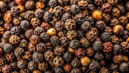 Obraz premium Black peppercorns: a close-up view highlighting the spice's texture and rich aroma. Culinary photography at its best.