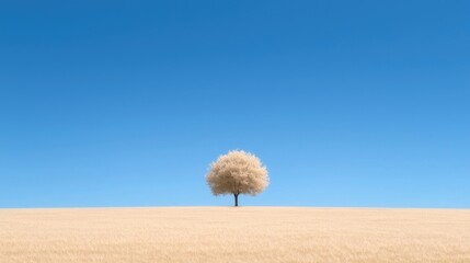 Solitary tree in a golden field under a vibrant blue sky