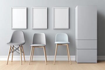 A minimalist artist studio with blank canvases, one stool, and paint neatly arranged