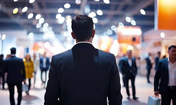 A suited man walking through a crowded event space, back facing the viewer.