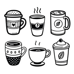Hand-Drawn Coffee Cup Doodle Set – 6 Unique Black and White Illustrations