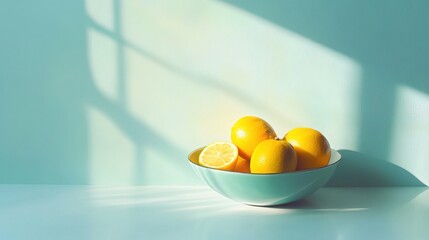 Bowl of fresh yellow lemons on a table against a wall with sunlight shadow