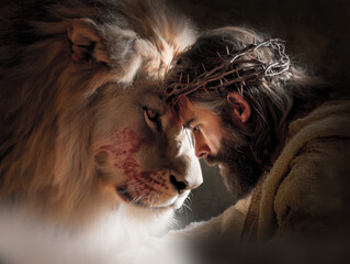 Jesus and the Lion of Judah – Powerful Biblical Easter Image of Sacrifice, Strength, and Redemption
