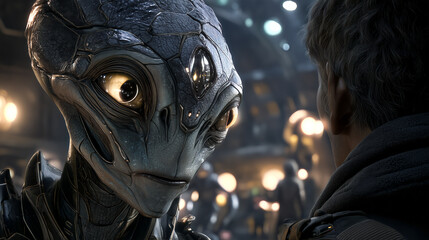 Wise Alien Mentor and Human Face-to-Face – Futuristic Sci-Fi Moment of First Contact with Extraterrestrial Being