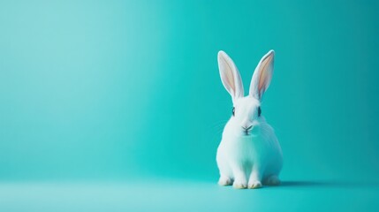 Minimalist White Rabbit Against Bright Aqua Teal Background with Copy Space