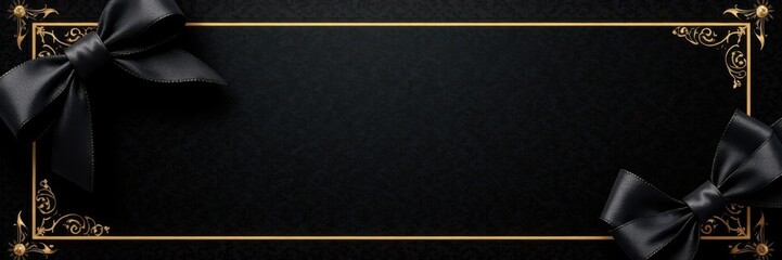 Fototapeta premium Luxurious black invitation card with gold foil accents and satin ribbon, Black Card, Floral Design, VIP Invitation