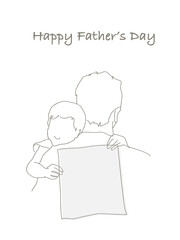 父の日カード　お父さんに抱っこされている子供がメッセージカードを持っているイラスト　コピースペース有りのシンプル線画スケッチイラスト　背景透過