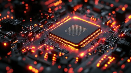 Processor's Glow: Intricate close-up of a CPU, bathed in fiery orange, showcasing technology's power and futuristic design.
