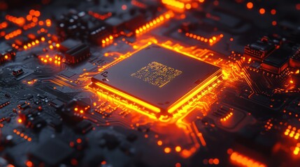 Technological Core: The intricate network of a motherboard glows, as it powers the digital world. This image represents a close-up view of a microchip.