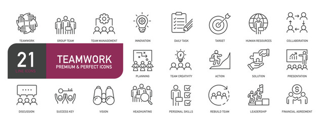 Set of line icons related to teamwork, management, business, collaboration, partnership. Outline icons collection. Editable stroke. Vector illustration