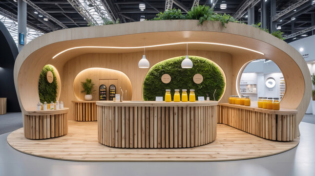 eye catching wooden fruit juice kiosk booth with futuristic interior design and unique shape perfect for mall promotion premium interior design aesthetic