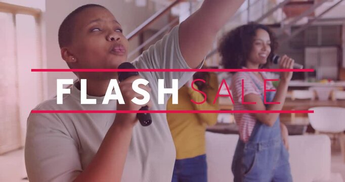 Singing karaoke at home with animation of Flash Sale text overlay