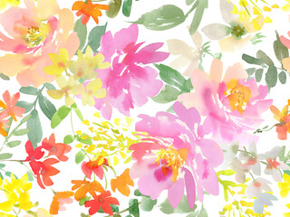 PNG seamless pattern of pink peonies and wild flowers painted in watercolor. A floral wallpaper pattern in watercolor with transparent backgroud . Botanical pattern painted in watercolor for wedding.