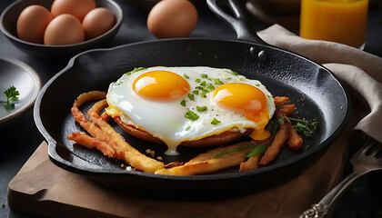 Fried Eggs with Fries in a Cast Iron Skillet Breakfast Food Close Up