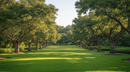 Obraz premium Path to Serenity: A symmetrical avenue of lush trees stretches into the distance, casting dappled sunlight across a perfectly manicured lawn, inviting a sense of peace and tranquility.