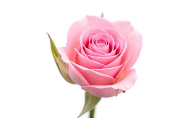 single pink rose with green leaves on a white background