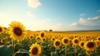 Fototapeta premium Sunflower Field in Full Bloom Under Blue Sky on Sunny Day
