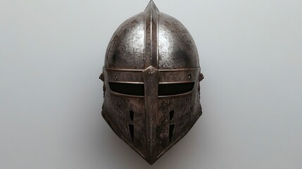 Medieval knight's helmet, steel, ancient, worn, grey background.