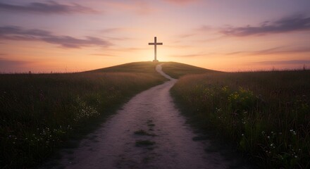A dirt path leads through a peaceful field of wildflowers to a large cross on a hill at sunset, evoking a sense of spiritual journey and hope.