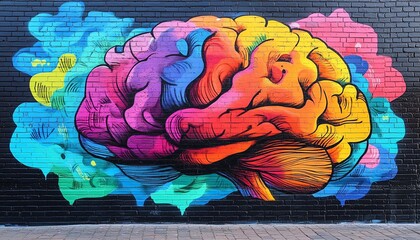 Street art graffiti mural of a brain on a brick wall, symbolizing creativity and innovation, colorful dynamic design, urban culture, expressive and bold, highresolution artwork