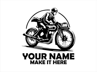 Dynamic monochrome illustration of a vintage motorcycle rider speeding forward with motion lines emphasizing velocity and classic design. logo vector design