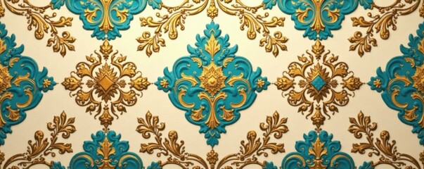 Fototapeta premium Intricate woven damask in gold and turquoise featuring geometric shapes and abstract designs on a rich beige backdrop, luxury, geometric, turquoise