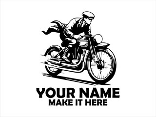 Dynamic monochrome illustration of a vintage motorcycle rider speeding forward with motion lines emphasizing velocity and classic design. logo vector design
