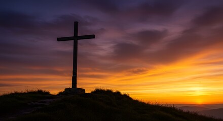 A wooden cross stands on a hill silhouetted against a dramatic sunset sky in shades of orange, purple, and red, symbolizing faith, hope, and spiritual reflection in nature.