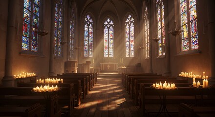 A peaceful church interior filled with candlelight and sunlight streaming through vibrant stained glass windows, creating a sacred and serene atmosphere for prayer and reflection.