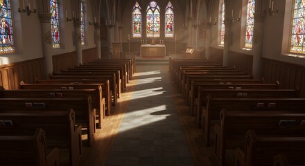 A peaceful church interior filled with candlelight and sunlight streaming through vibrant stained glass windows, creating a sacred and serene atmosphere for prayer and reflection.