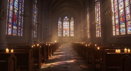 A peaceful church interior filled with candlelight and sunlight streaming through vibrant stained glass windows, creating a sacred and serene atmosphere for prayer and reflection.