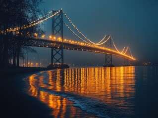 Fototapeta premium Illuminated suspension bridge at twilight with reflections on calm water