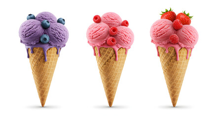 Delightful Ice Cream Cones with Fresh Berries and Colorful Flavors on Clean White Background