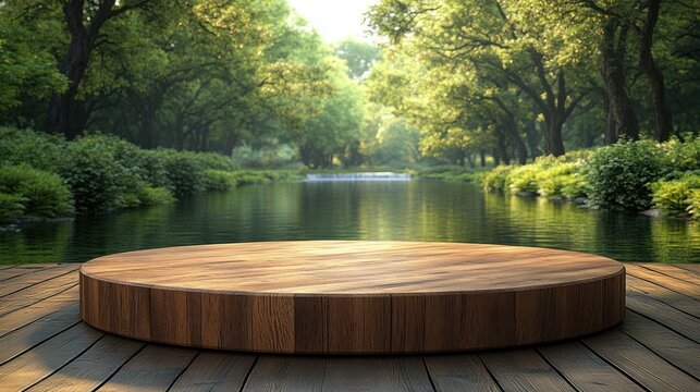Wooden Stage on a serene lake: A meticulously crafted wooden stage stands proud, perfectly positioned to provide an immersive setting for a stunning product presentation.